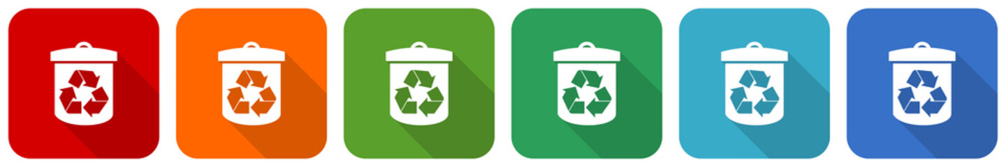 Recycle icon set, flat design vector illustration in 6 colors options for webdesign and mobile applications