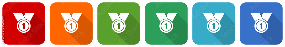 Aufkleber badge, first, number one icon set, flat design vector illustration in 6 colors options for webdesign