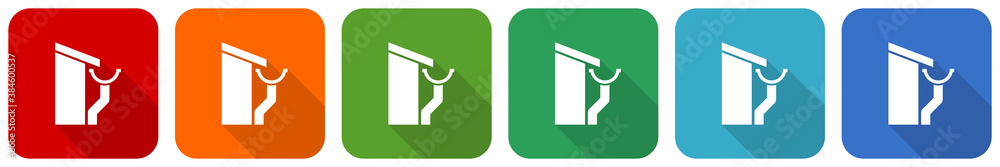 Poster roof and gutter, guttering home icon set, flat design vector illustration in 6 colors options for we