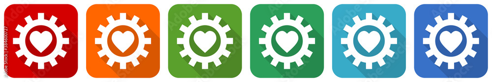 Poster Heart in cogwheel icon set, flat design vector illustration in 6 colors options for webdesign and mobile applications
