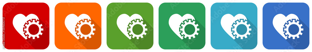 Poster Heart and cogwheel icon set, flat design vector illustration in 6 colors options for webdesign and mobile applications