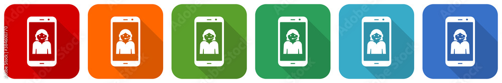 Aufkleber online customer service in smartphone, icon set, flat design vector illustration in 6 colors options