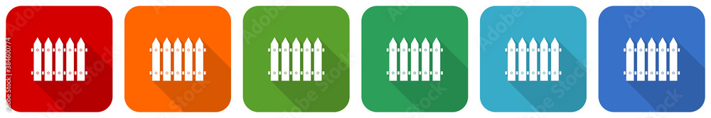 Poster wooden fence, barrier icon set, flat design vector illustration in 6 colors options for webdesign an