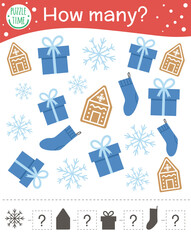 Fototapeta na wymiar Christmas counting game with gingerbread, snowflake, present, stocking. Winter math activity for preschool children. How many objects worksheet. Educational puzzle for kids..