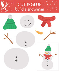 Vector Christmas cut and glue activity. Winter educational crafting game with cute snowman. Fun activity for kids. Build a snowman worksheet for children..