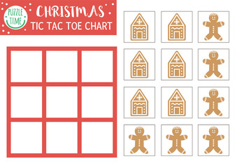 Vector Christmas tic tac toe chart with cute gingerbread man. Winter board game playing field with traditional characters. Funny recreational printable worksheet for kids. Noughts and crosses grid .