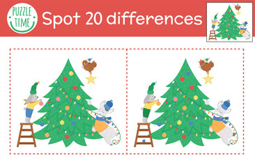 Fototapeta premium Christmas find differences game for children. Winter educational activity with funny animals decorating fir tree. Printable worksheet with smiling characters. Cute New Year puzzle for kids.