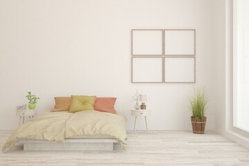 White bedroom interior. Scandinavian design. 3D illustration