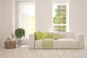 White living room with sofa and summer landscape in window. Scandinavian interior design. 3D illustration