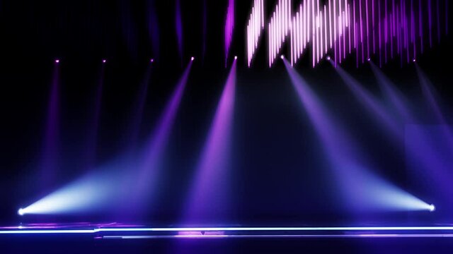 Purple abstract fashion mockup stage for product display presentation spotlight and marketing award advertising. Looped concept animation background with illuminated floodlight lamps and catwalk.