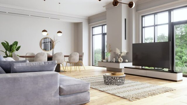 Modern Living Room And Dining Room With  Television Set And Parquet Floor