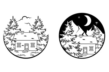 Black and white stamps with cabin in the wood and mountains. Vector illustration