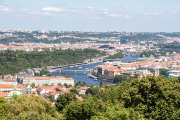 Prague panorama charles bridge river from mountain skyview