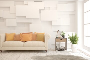 White living room with sofa. Scandinavian interior design. 3D illustration