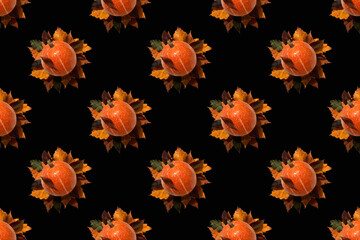 Obraz premium Seamless pattern on a black background. Autumn theme. Orange pumpkin fruits lie on autumn leaves. Use for packaging, background, wallpaper. A high resolution.
