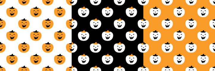 Fototapeta premium Set of seamless patterns with funny pumpkins. Halloween vector illustration for decoration of backgrounds, leaflets, wallpaper, textiles, fabrics, prints, wrappers, additions to the design.