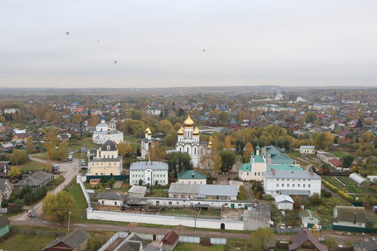 Hot air balloons, aeronautics. Air view, cityscape of Pereslavl-Zalessky town, Yaroslavl region, Russia. Russian autumn nature, landscape, scenery. Pereslavl-Zalessky landmark, architecture monument