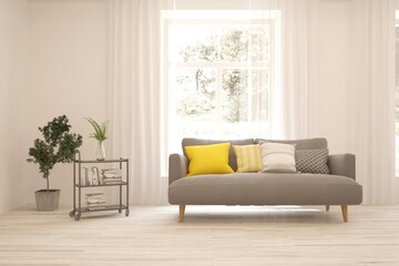 White living room with sofa. Scandinavian interior design. 3D illustration