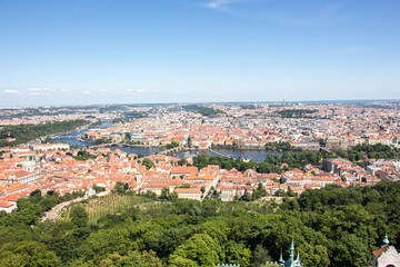 Prague panorama charles bridge river from mountain skyview