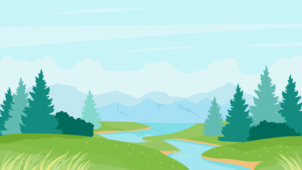 River summer landscape vector illustration. Cartoon natural peaceful scenery with calm river waters, green grass meadow hills and pine fir forest on riverbanks, summertime nature view background