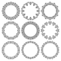 Vector set of round frames and vignettes with linear elegant floral ornament 2. The file contains separate layers with fill and stroke for the ability to edit the thickness of the elements