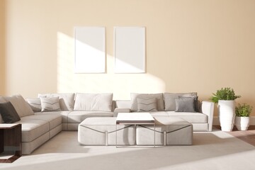 modern room with big sofa,pillows and frames interior design. 3D illustration