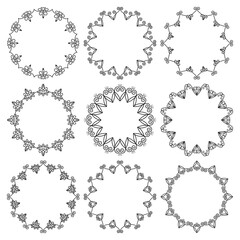 Vector set of round frames and vignettes with linear elegant floral ornament 1. The file contains separate layers with fill and stroke for the ability to edit the thickness of the elements