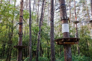 extreme rope maze in the trees. Rope park for adults.