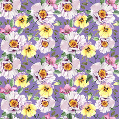 seamless pattern with bright large watercolor flowers on a lilac background