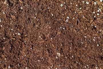 Top view of brown organic potting mix soil