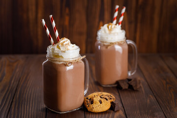 chocolate milkshake in mason jar