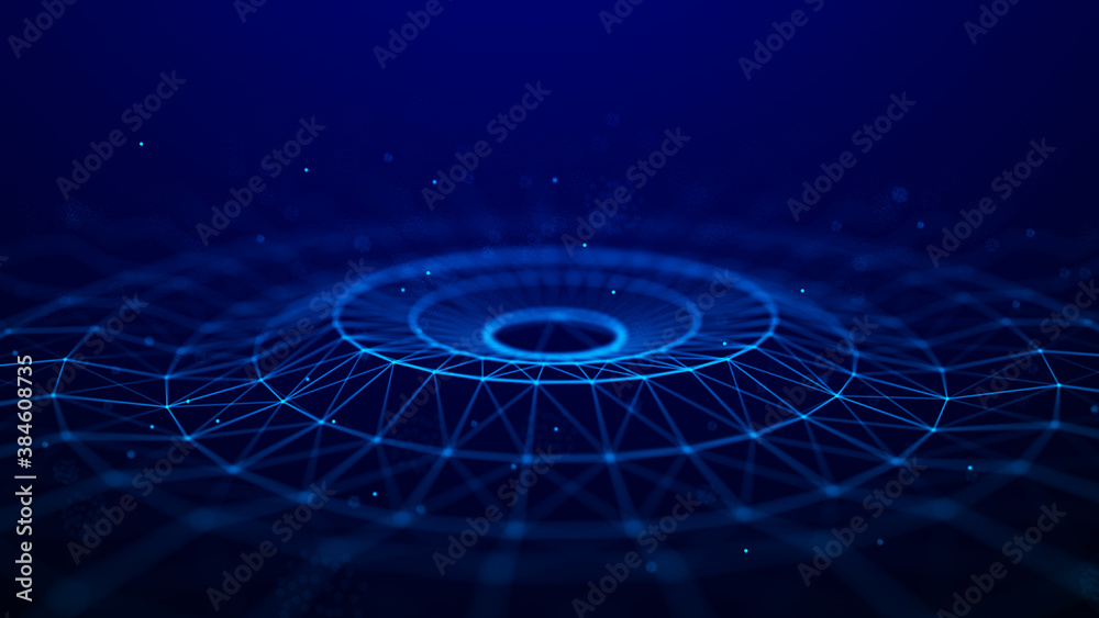Poster wave of particles. abstract background with a dynamic wave. futuristic wave of blue dots. futuristic