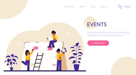 Events website concept. Corporate events. Event calendar. Notification, website menu bar, UI element, business meeting, commercial exhibition. Modern flat illustration.