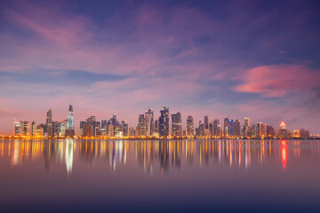 The skyline of Doha, Qatar during sunset