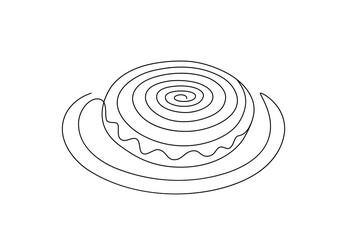 Fototapeta na wymiar One line drawing of cinnamon roll logo template concept. Hand drawn sketch of cinnabon with cream frosting made of continuous line, bakery and cafe logotype emblem. Modern vector illustration