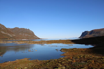 Fototapeta na wymiar The beautiful fjords of Lofoten Islands in Northern Norway