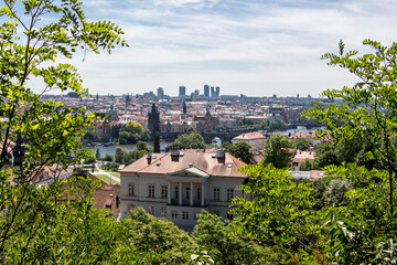 Prague old town sunny panorama view old town natural tree frame