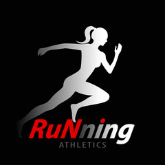 Run Logo club, emblem with abstract running people silhouettes, label for sports club, sport tournament, competition, marathon and healthy lifestyle. Vector illustration