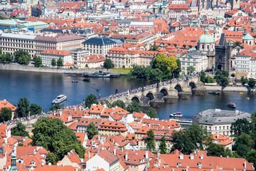 Naklejka na ściany i meble Prague panorama charles bridge river from mountain skyview