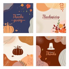 Thanksgiving abstract autumn, fall leaves background with pumpkin, pilgrim hat. For greeting card, invitation, poster, cover, banner, placard, brochure Vector illustration in pastel colors.