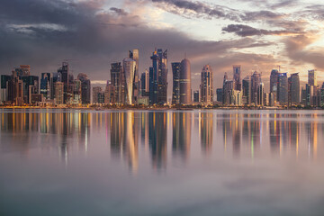 Fototapeta premium The skyline of Doha, Qatar during sunset