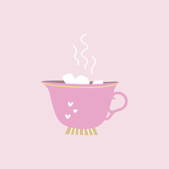 A cup of hot coffee with marshmallow. Cute doodle illustration