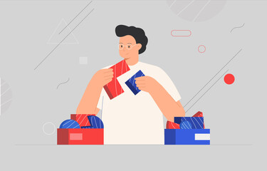 Business concept. Man connecting puzzle elements or jigsaw pieces, abstract shapes on the background. Flat style vector illustration.
