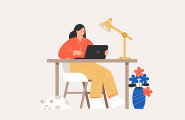 Young woman or freelancer working or studying online with a laptop at home. Home office concept, flat style vector illustration. Freelance, online education or social media concept.
