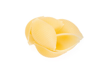 A variety of types and forms of Italian pasta. Dry pasta in the shape of shells. Pile of shells pasta isolated on white background. Close-up.