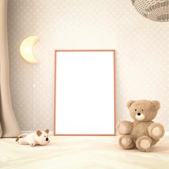 Childrens room interior mockup with an empty picture frame (70x100cm). Teddy bear, cat toy, moon lamp, curtain and rattan ceiling lamp. Dotted creme colored wall. 3d render. © Andreas Prott
