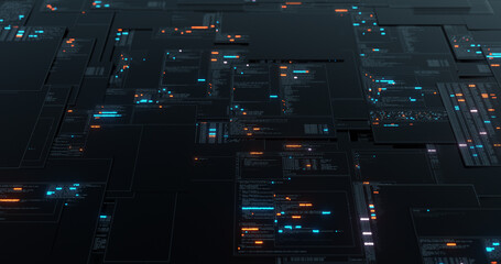 Abstract digital abstract matrix. Screen grid in cyber space environment. Scrolling programming code, security hacking, data flow stream displays. 3D render