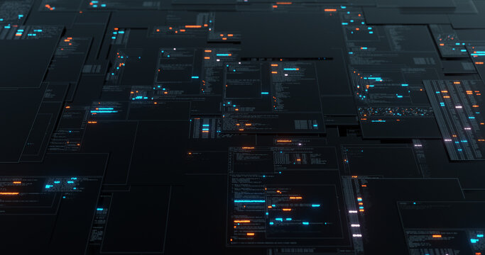 Abstract digital abstract matrix. Screen grid in cyber space environment. Scrolling programming code, security hacking, data flow stream displays. 3D render