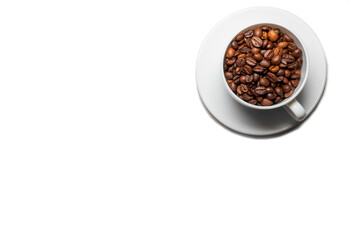 Coffee beans in white cup on white background.