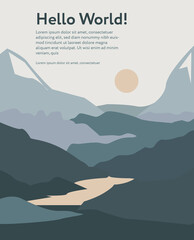 Page layout with mountain landscape illustration and text. Editable vector.